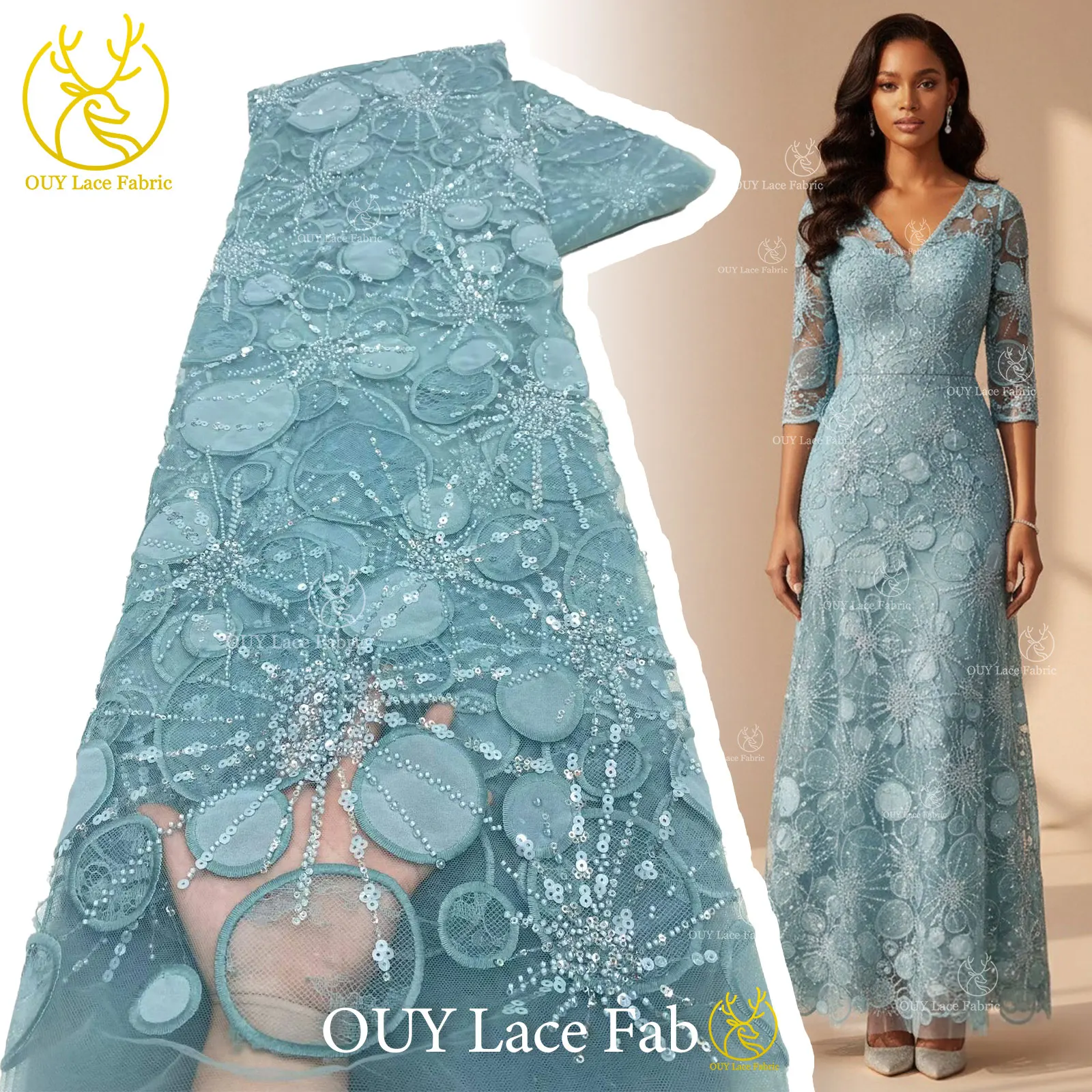 

2026 Luxury African Beaded Lace Fabric 5 Yards French Sequins Tulle Embroidery Mesh Lace Fabric For Girls Wedding Party Dress