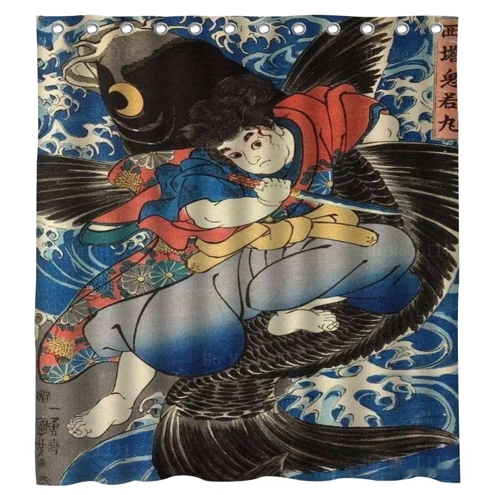 Kozaemon hitamitsu a caballo The Young Benkei Fighting The Carp In The Water Ukiyo Monster Cortina de ducha de Ho Me Lili