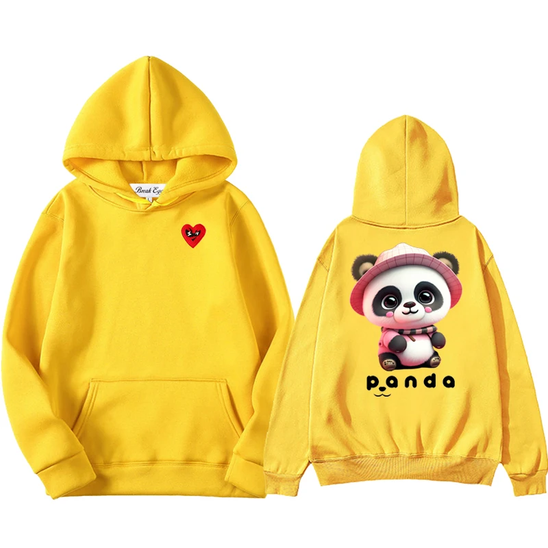 Pink Cute Panda Cartoon Print Men Women Hoodie Polyester Red Glasses Heart Embroidery Pullover Pockets Thin Loose Autumn Sweater