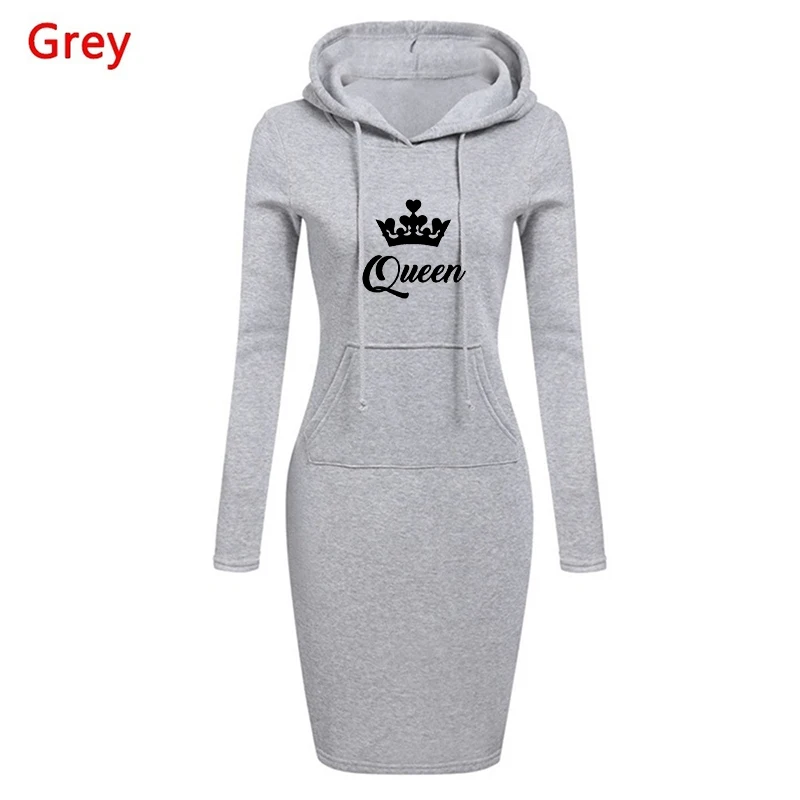 Hot Women's Queen Printed Knee Dresses Hoodie Slim Dresses Solid Hoodie Dress Long Sleeve Vintage Female Trendy Vestidos