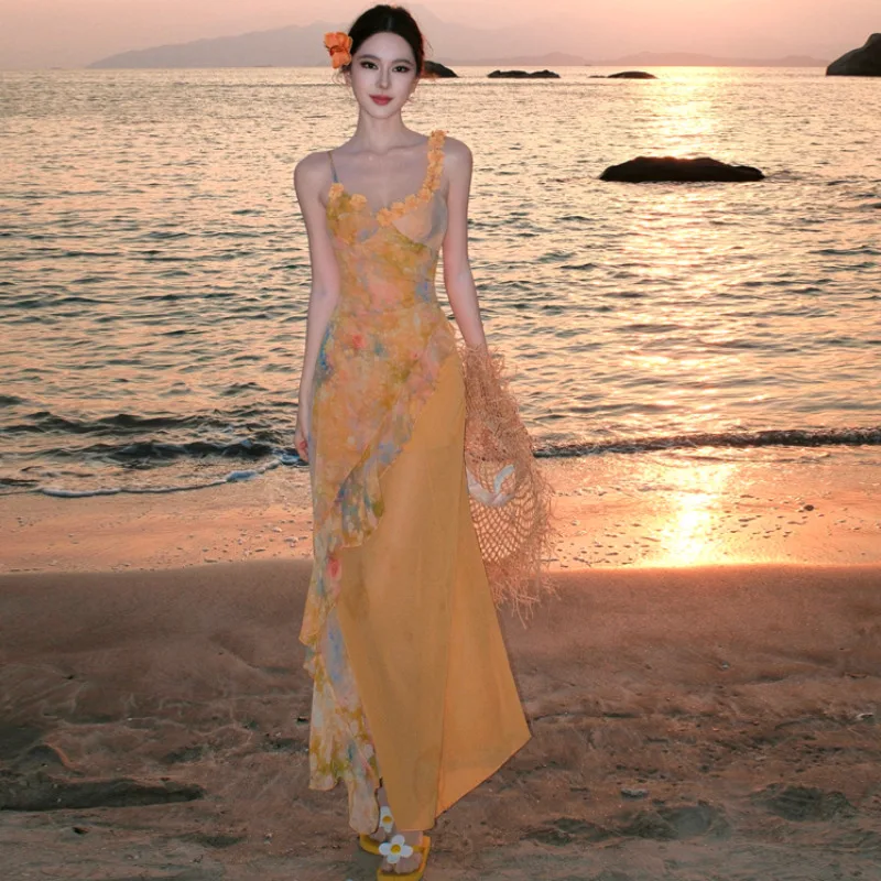 

Summer Unique Beautiful Sunset Gradient Chiffon Dress Waist Cinched Strap Holiday Long Dress Irresistibly Stylish