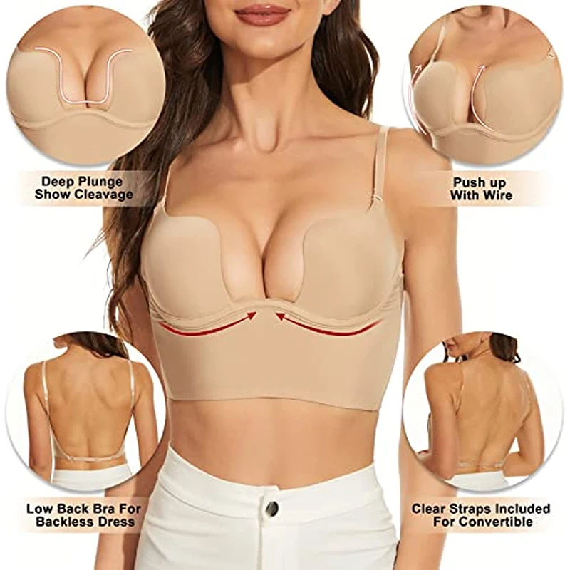 Women Deep U Multi-Way Push Up Convertible Low Cut Plunge Bra Shapewear Underwire Seamless Padded Body Shaper Backless Underwear