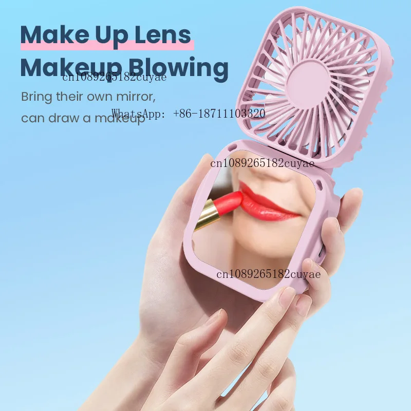 Hanging Neck Mini Fan LOGO Customization Cooling Small Fan Foldable Portable USB Rechargeable Handheld Fan with Makeup Mirror