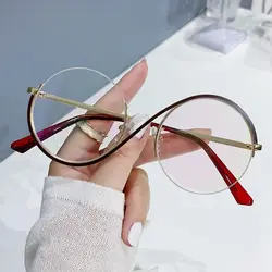 S Shape Round Semi-Rimless Women EyeGlasses Big Metal Frame Clear Lens Optical Eyewear Men Vintage Anti-Blue Light Glasses