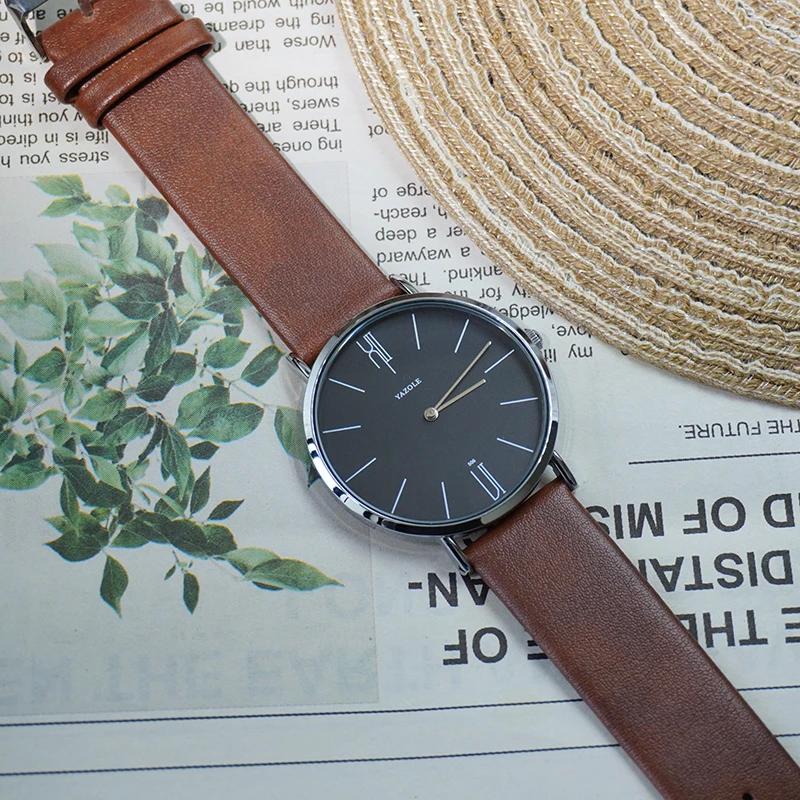 YAZOLE 남성용 패션 간단한 시계 라운드 다이얼 쿼츠 무브먼트 남성용 시계 비즈니스 방수 PU 밴드 남자 손목 시계 선물