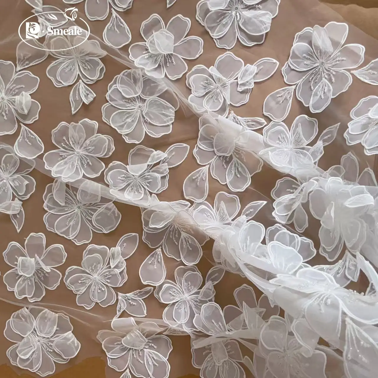 

NEW Large Flowers Beaded Sequins Wedding Dress Lace Fabric.3D Embroidered Applique Beautiful Bride Fabric