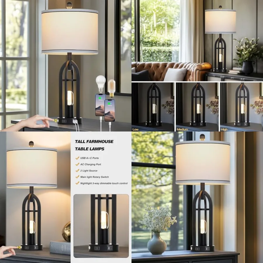 

27" Tall Vintage Table Lamp with USB C+A and Outlet, Black Industrial End Table Lamp for Living Room, Farmhouse Rustic Bedside