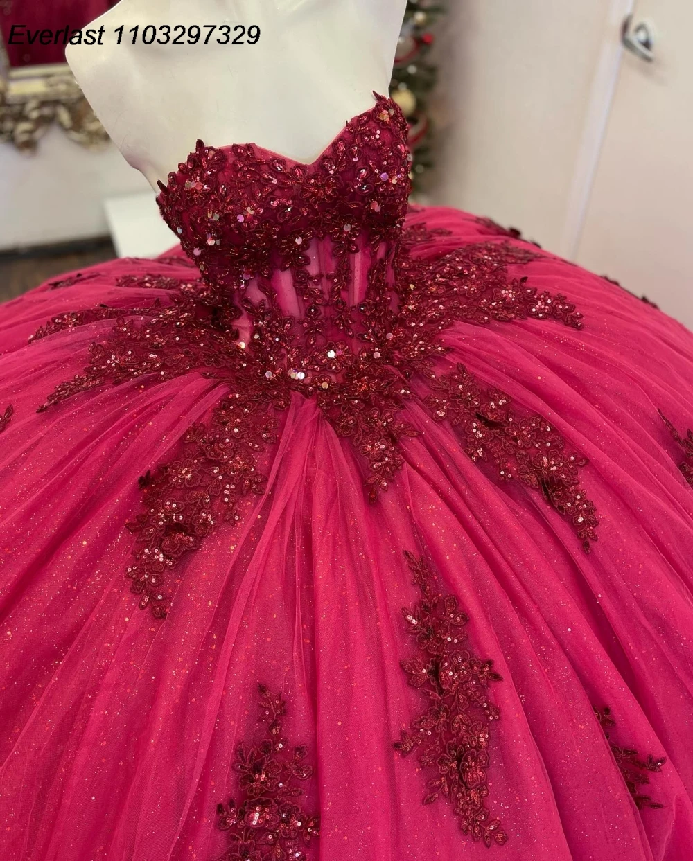 فستان Quinceanera الوردي اللامع ، ثوب الكرة ، مزين بالدانتيل اللامع ، مشد كريستال مطرز ، حلو 16 ، QD1011