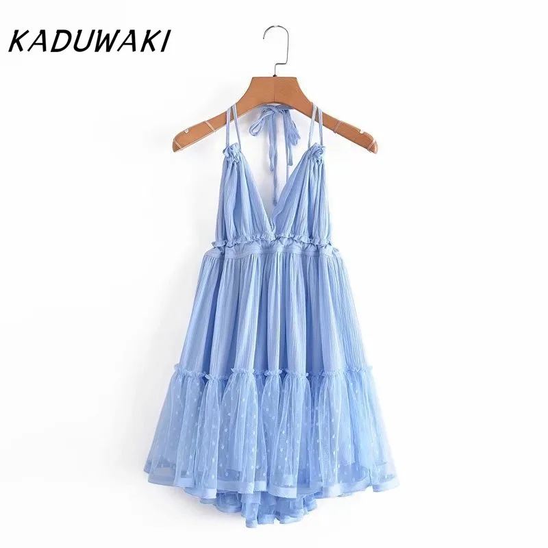 KADUWAKI Sexy Versátil Fino Camadas Malha Emenda Com Decote Em V Grande Backless Halter Robe Praia Vestido de Verão Ленее Плаikanе Больovahх Разukat