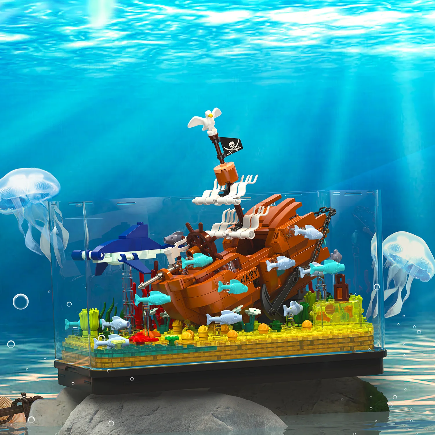 MOC Kanagawa Great Wave Fish Tank Bouquet Building Blocks Set Paintings Fishbowl Beach Surfing Toys For Children Birthday Gifts - view 4