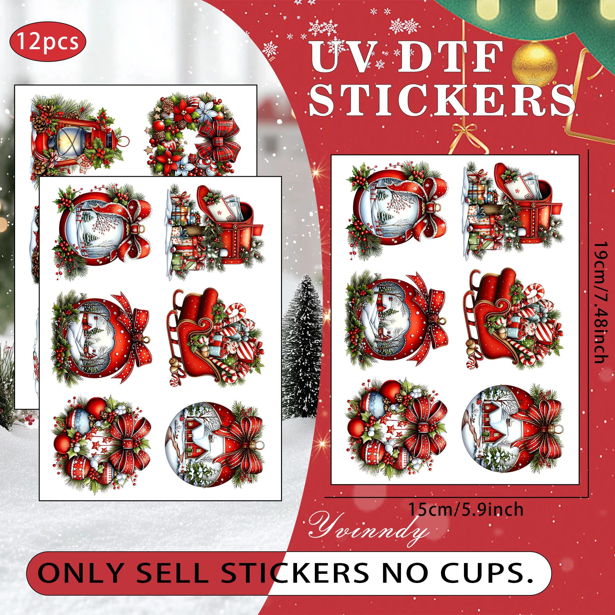 12PCS/SET Retro red and green Christmas decorations DIY UV transfer stickers - suitable for DIY crafts mugs laptops