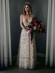 Boho Star Sequins Wedding Dress V-Neck Backless Empire Waist A Line Champagne Bridal Gowns Long Robe de mariée 2024 Summer