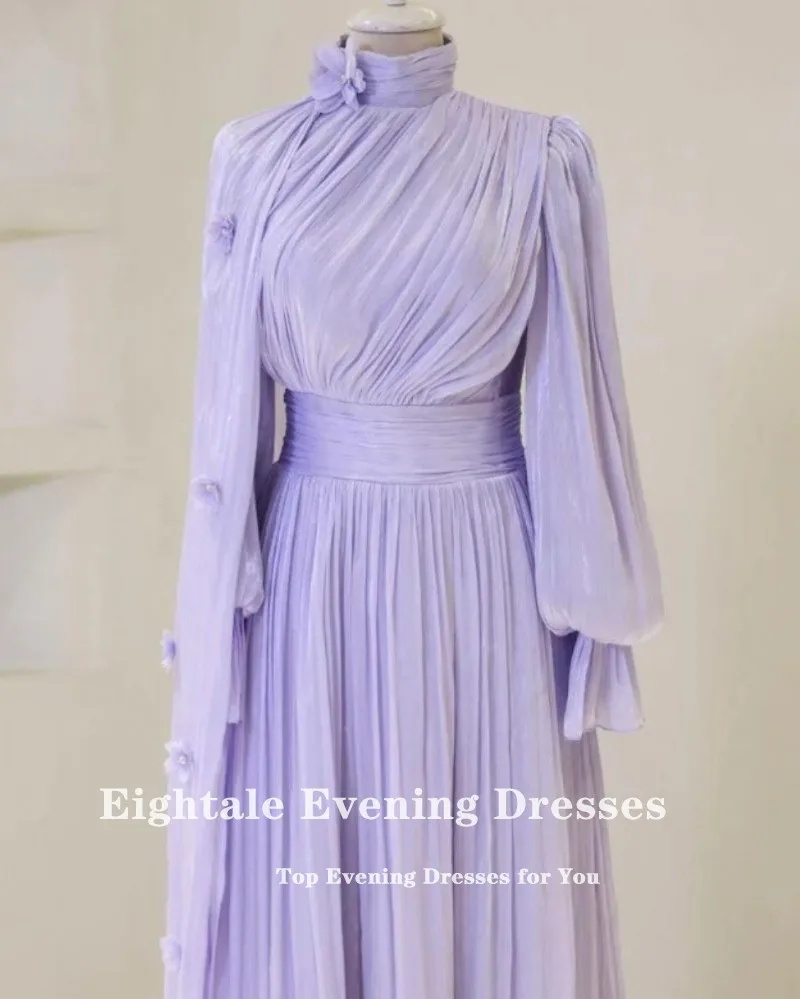 

Eightale Arabic Evening Dress High Neck Pleats 3D Flowers Customized Muslim A-Line Floor Length Prom Wedding Party Gown