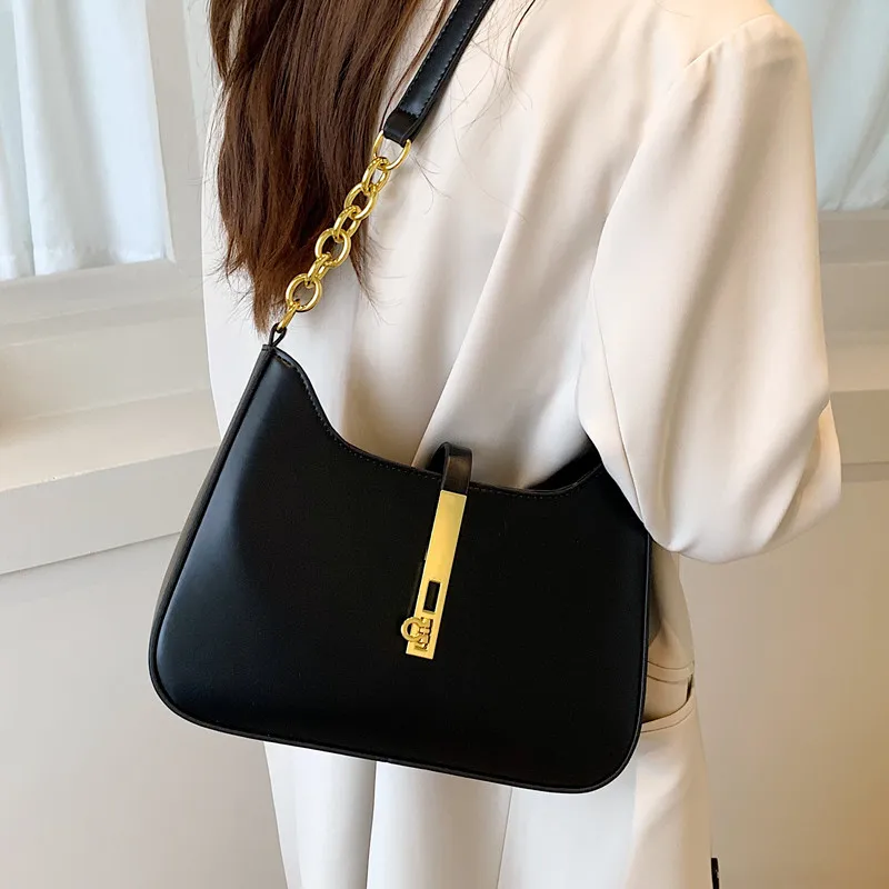 Elegant PU Underarm Bags For Women New Chic Lock Desigan Versatile Commute Chain One Shoulder Bag Simple All-matched Handbag