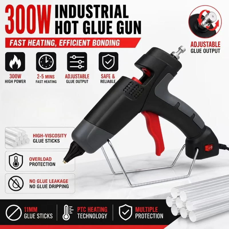 

300W Industrial Hot Silicone Gun,Hot Melt Glue Gun SET 2&3 with Nozzle,11mm Glue Stick,AC Plug 220V,Electric Repair Tool