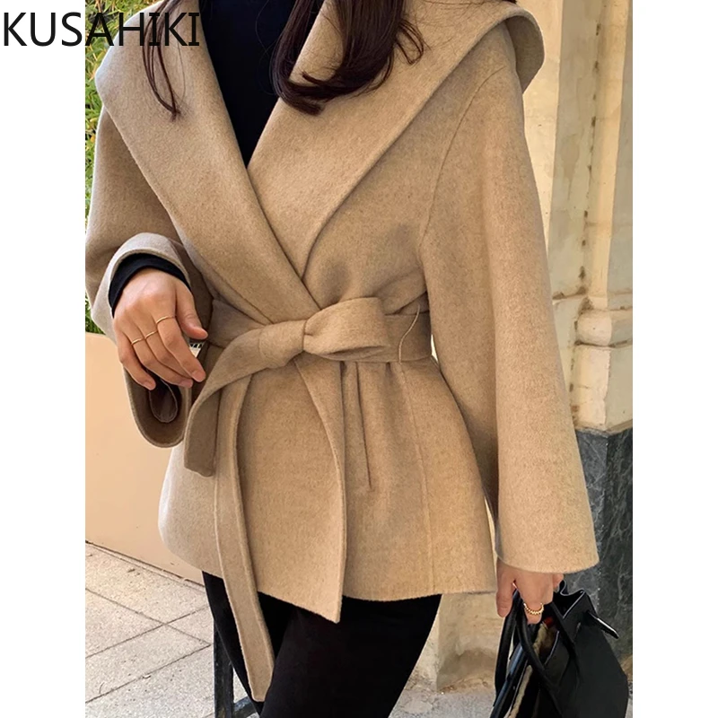 KUSAHIKI Korean Chic Autumn Winter French Casual Versatile Hooded Short Woolen Cardigan Coat Jacket for Women