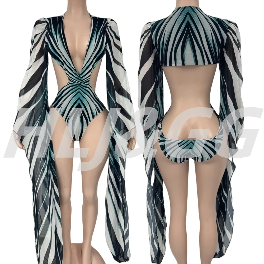 HLJ Sexy Stripe Print Women Swimwear Bodysuits Fashion Swim Suit Bathing Suit Beachwear Long Sleeve One Piece Swimsuit Beachwear