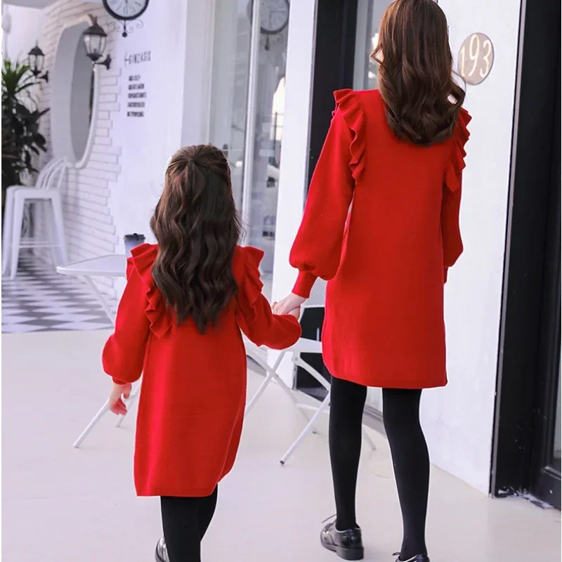 2024 New Mommy and Me Clothing Christmas Knitted Long Sleeve Costumes New Parent-child Dresses Family Matching Outfits Clothes