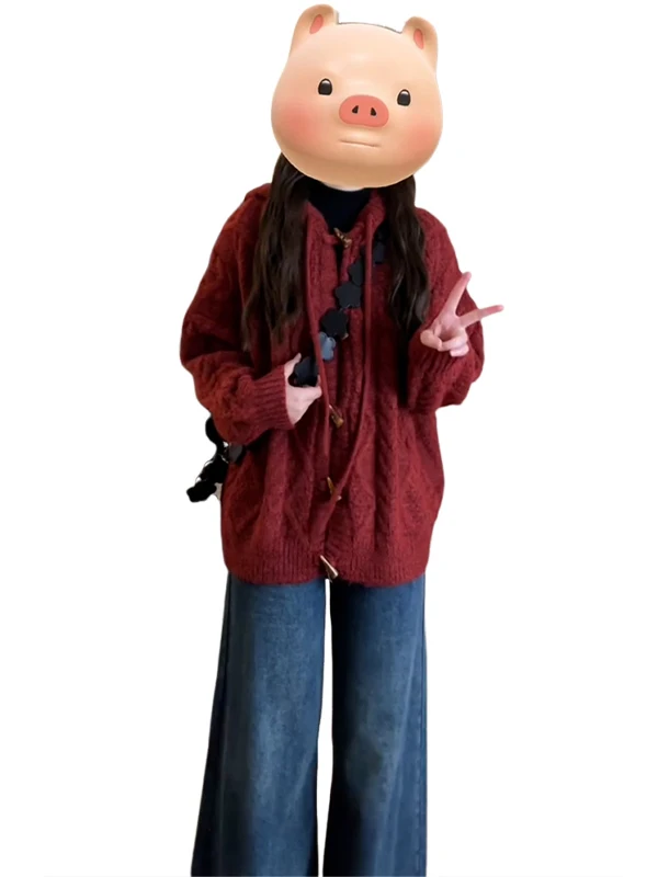 Laid-ba Sle Neujahr, rot, geknöpfter Kapuzenpullover, Strickpullover, Mantel, Damen, Herbst und Winter, 2022, neue gestrickte offene Strickjacke