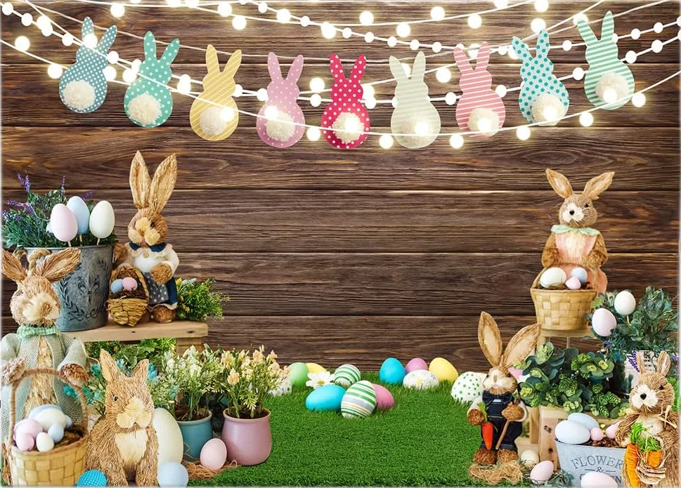 Easter Spring garden Meadow Green Grass bunny eggs wood board Party Decor photo background photography backdrop studio