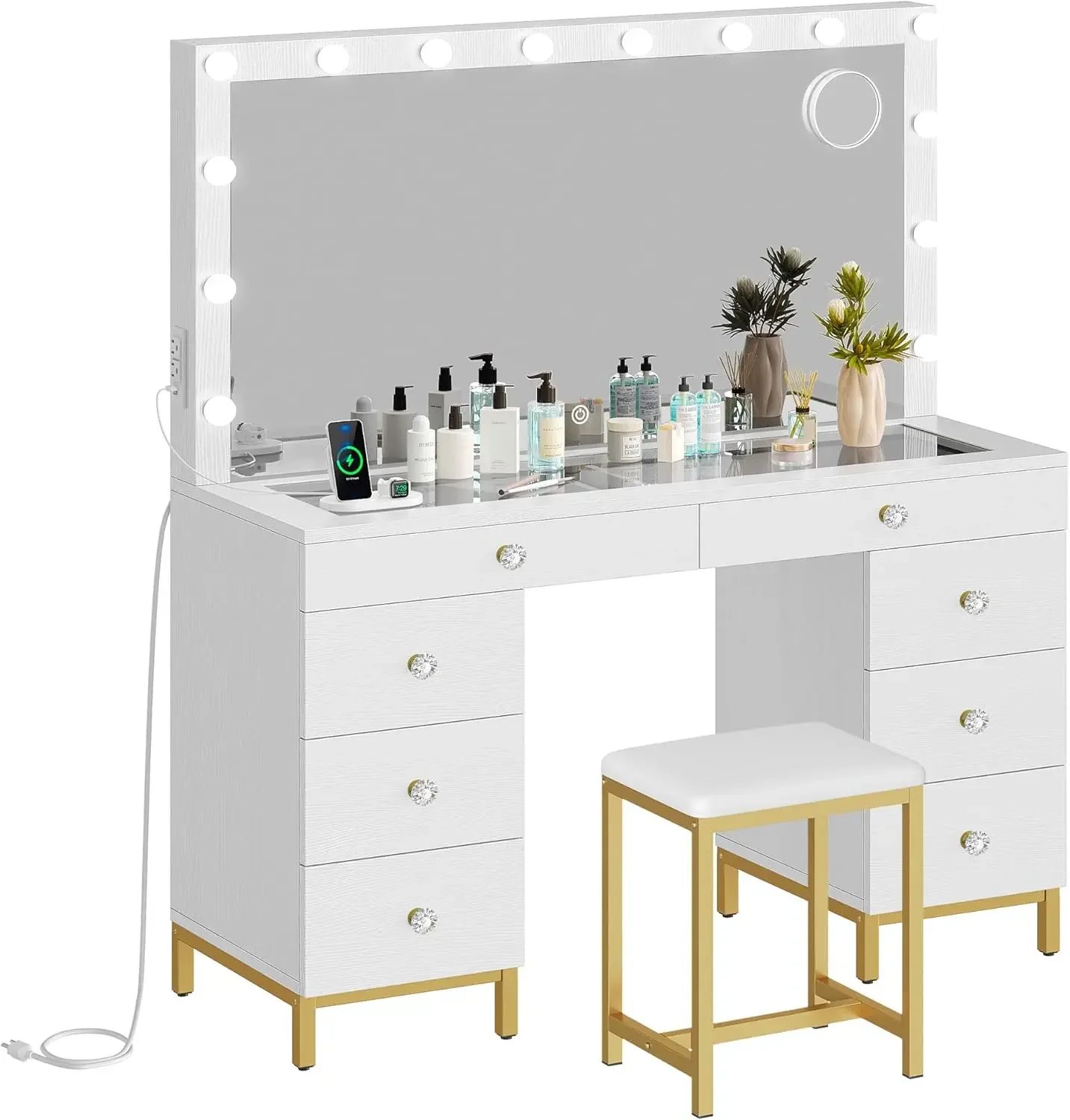 White Vanity Desk with Large Mirror, Lights and Charging Station - Large Makeup Table Set with 14 LED Lights Bulbs