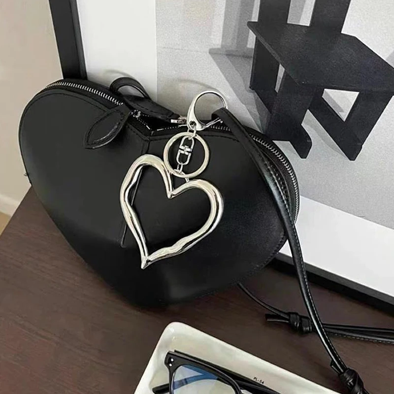 Simple Irregular Texture Hollow Heart Mobile Phone Chain Keychain Pendant Silver Love Decoration Bag Ornaments Accessories Gifts