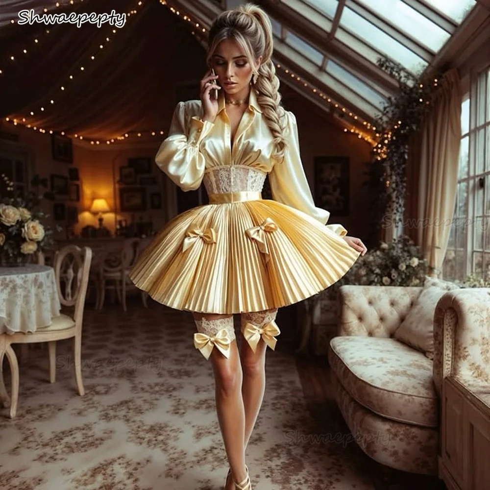 الطيات الأصفر فستان حفلة موسيقية قصيرة الأكمام الطويلة مشد فساتين حفلات الكوكتيل الخامس الرقبة مخصصة لوليتا فساتين السهرة عيد ميلاد