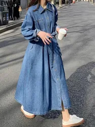 [EWQ] Korean Style Lace Up Waist Denim Shirt Dress Vintage Single Breasted Long Sleeve Dresses Women 2024 Spring Autumn 16U7978