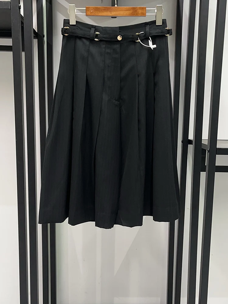 Fashionable Metal Buckle Decorated Belt Vertical Stripe Front Pleated Wide Leg mid Pants Women's French Style Polyester Blend