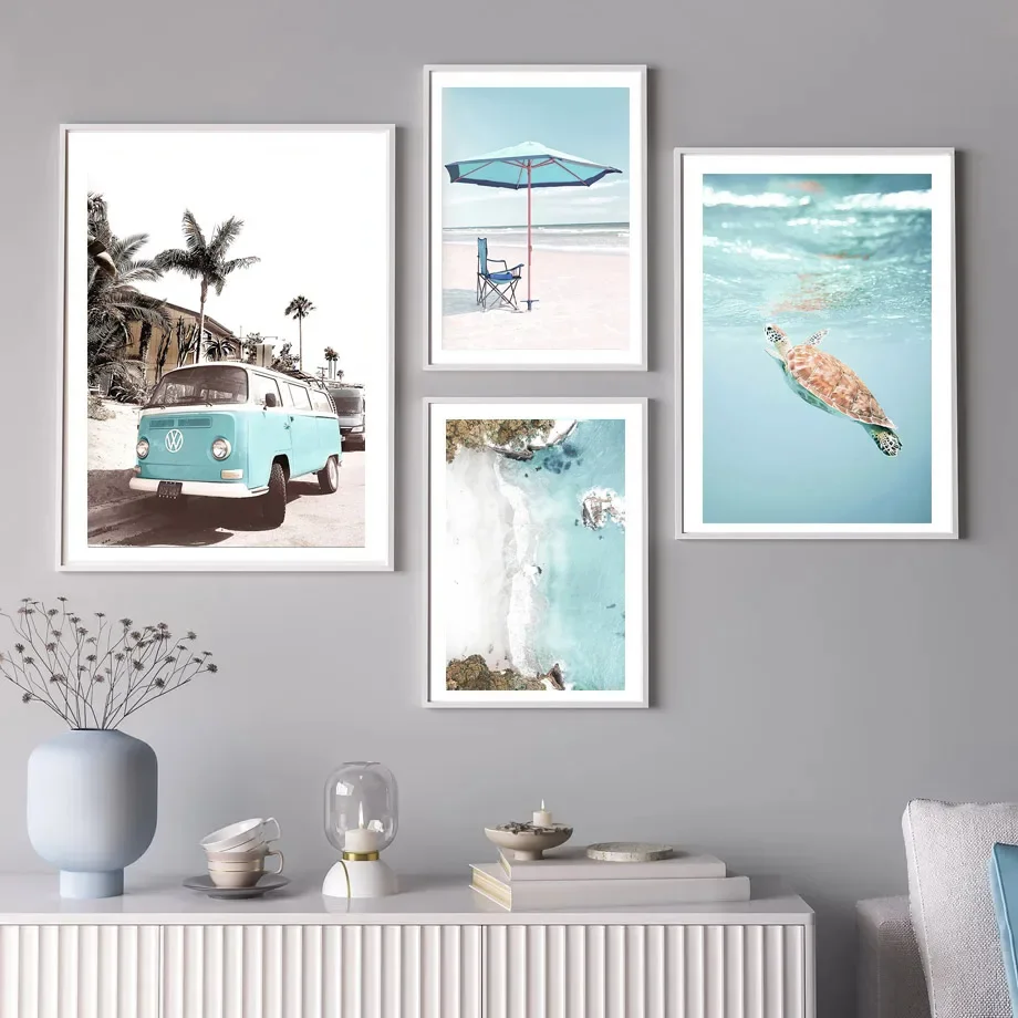 Beach Cabin Van Surf Conch Turtle Pigeon Poster Wall Art Decor Canvas Painting Summer Ocean Picture Nordic Room Home Decoration