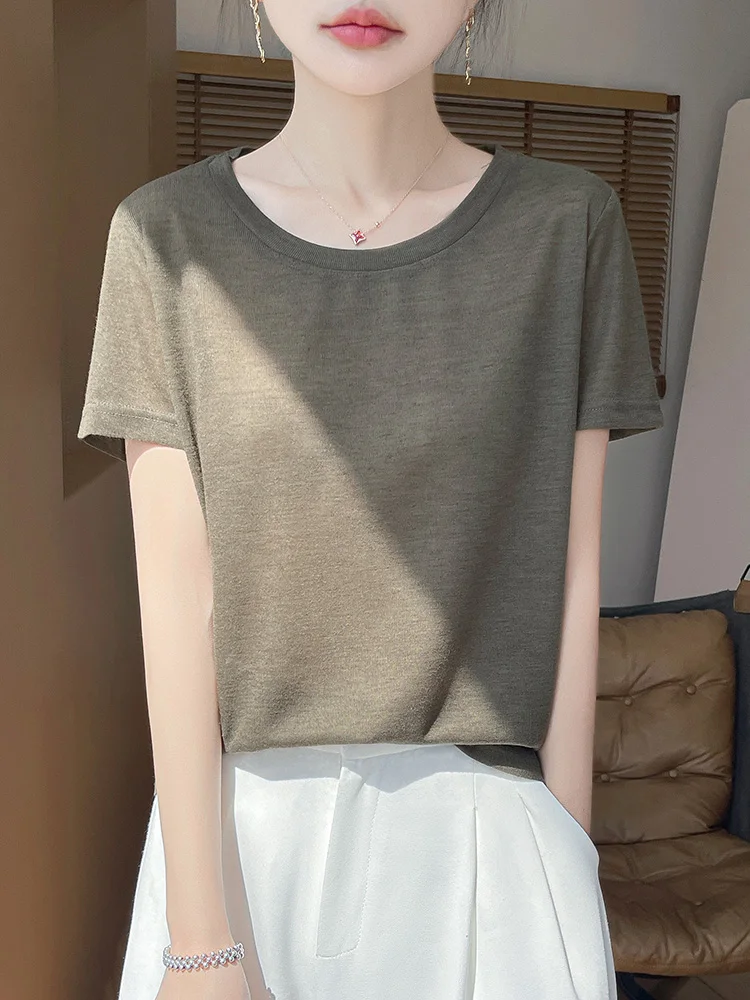 

Spring Summer 2026 Women's Loose Knitted Short Sleeve T-Shirt Silk Lyocell Premium Spun Soft Casual Style round Neck Top