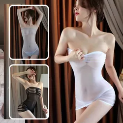 Sexy Lingerie Mesh See Through Mini Dress Female Summer Thin Pajamas Lady Striped Wrap Underwear Night Club Bed Wear Women Girls