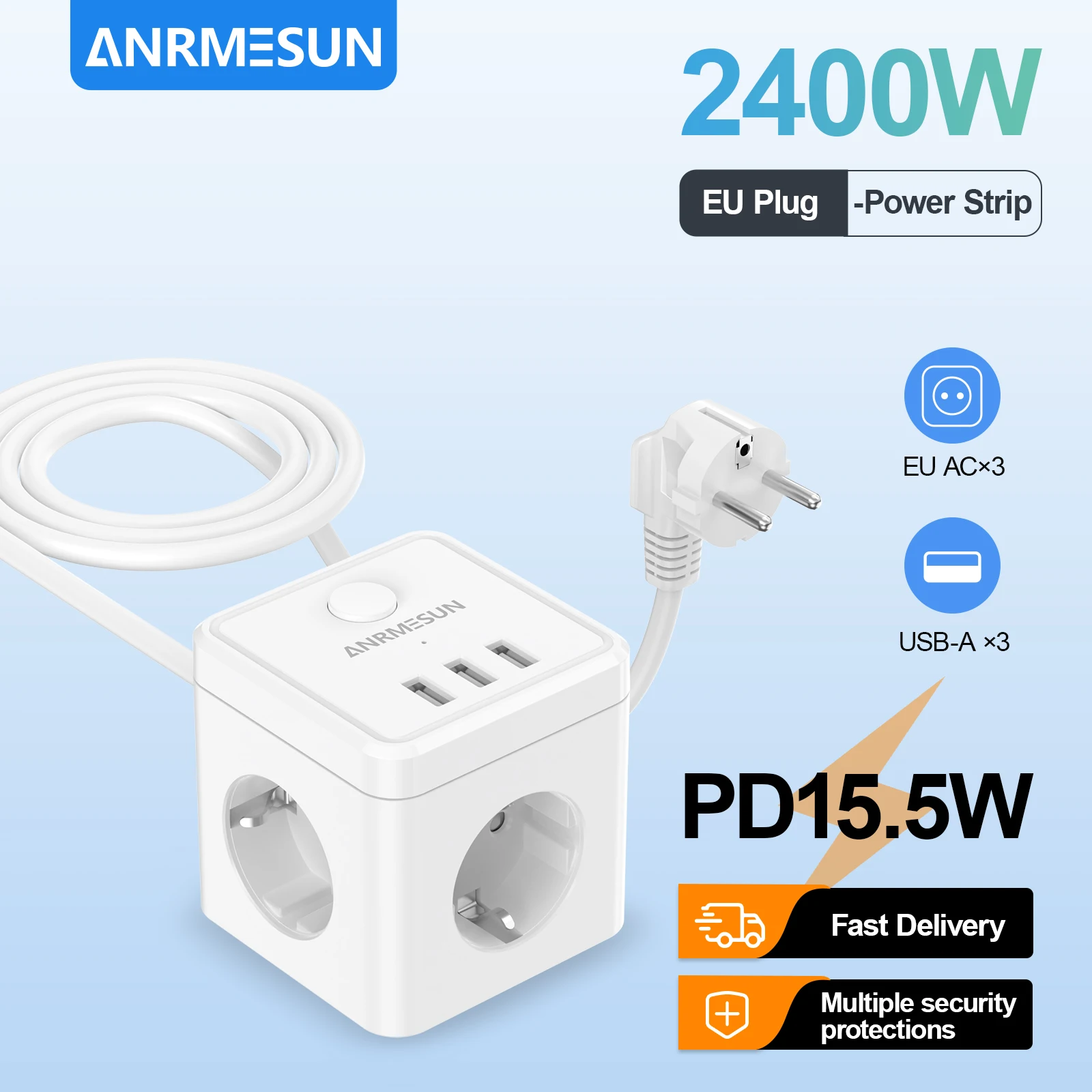 1 6-in-1 EU-Steckdosenleiste mit Schnellladung PD20 W Überspannungsschutz 2m Verlängerungskabel 3 AC-Steckdosen 2 USB-A und 1 Typ-C Tischsteckdose