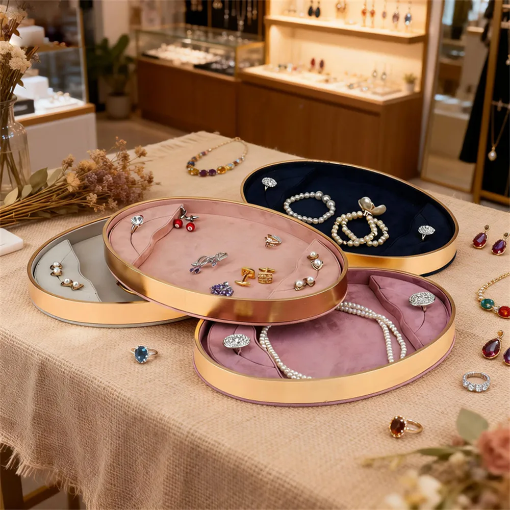 

Exquisite Oval Metal Frame Velvet Jewelry Tray With Multiple Compartments For Jewelry Storage, Display Props, Photography Props