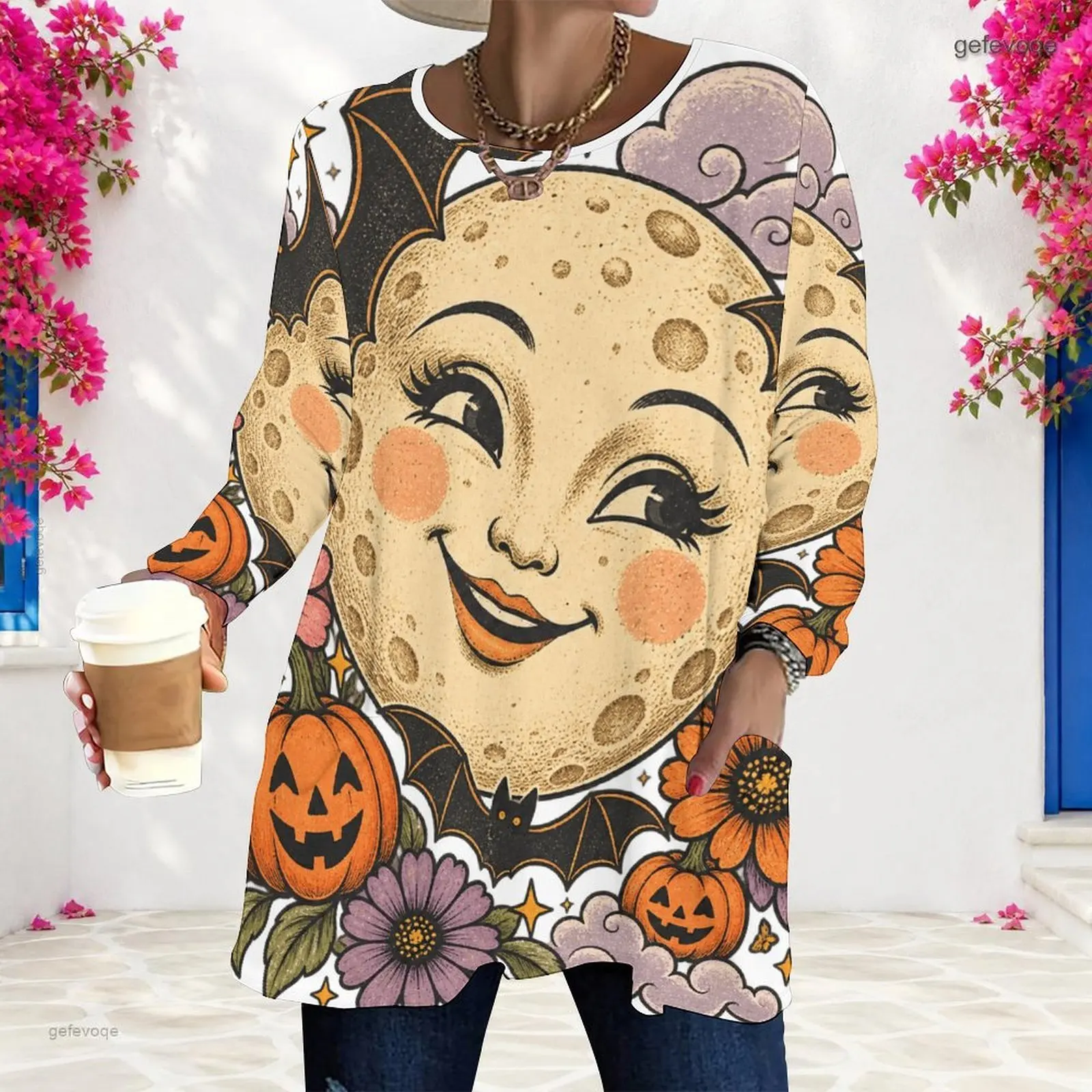Women Round Neck Long Sleeve Printed Loose Longline Top with Smiling Moon Pumpkin Bat Floral Pattern and Side Pockets