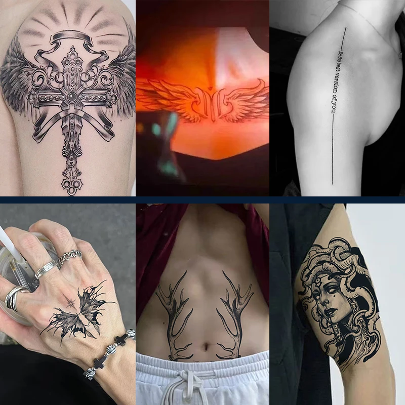 

6 Large Herbal Tattoo Stickers, Including 2 with Wing Elements, 1 with English Elements, 1 with Medusa Elements, 1 with Antlers, and 1 with Butterflies. They Last for 7-15 Days, Are Waterproof and Resistant to Friction, Have a Realistic Effect, and Are Su