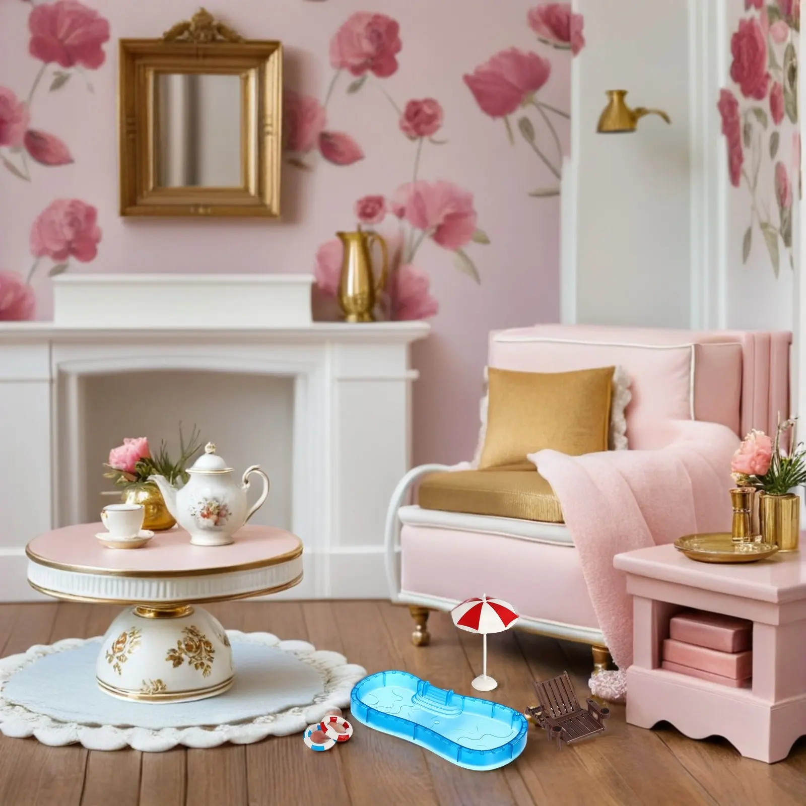 

2 комплекта миниатюрной мебели: надувной бассейн, пляжный шезлонг, реалистичный набор для самостоятельной сборки для декора пляжной сцены в кукольном домике