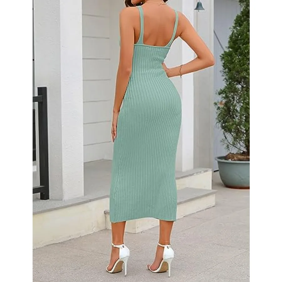 Womens Summer Bodycon Knit Midi Dress 2026 Deep V Neck Sleeveless Baby Shower Vacation Ribbed Long Sweater Dresses - view 4