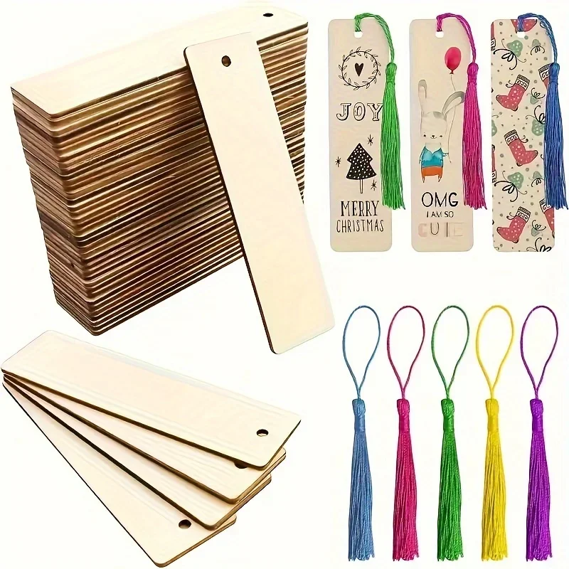 

50pcs Wooden Blank Bookmarks DIY Wooden Craft Bookmarks Wooden Laser-cut Wooden Pendants Wooden Square Tags Tassel Color Random