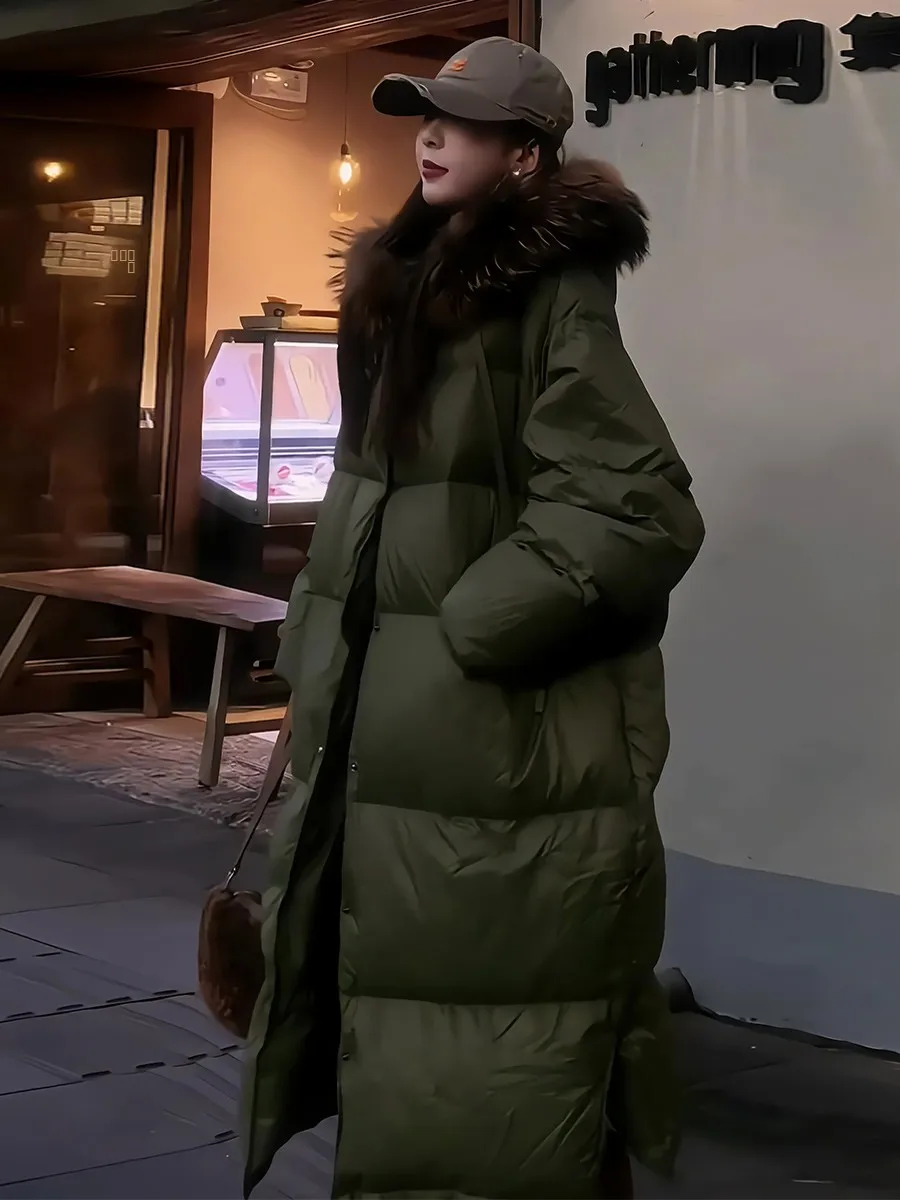 

Women's Thiened Long down Jaet White Du Feather Fur Collar Lazy High-End Feeling Winter New Arrival Casual Sle