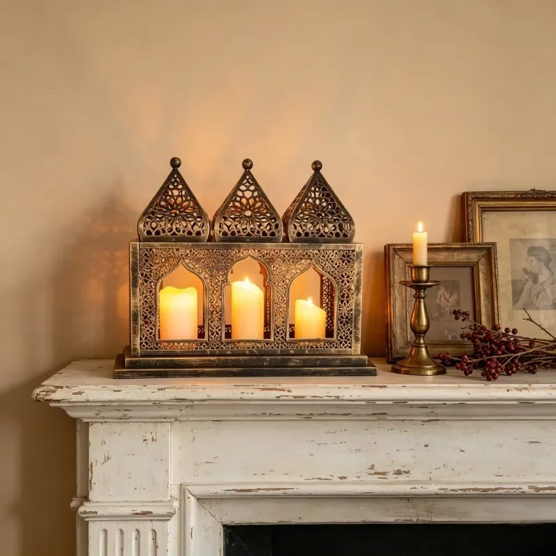 Vintage Wrought Iron Candle Holder Middle Eastern Style Hollow Metal Cage Retro Fireplace Window Decor European Home Ornament