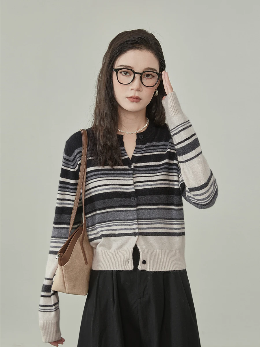 

Striped Knitwear Women's Spring 2026 New Sle Versatile Quali Open Cardigan Top Commute Sle Long Sve round Ne Butto...