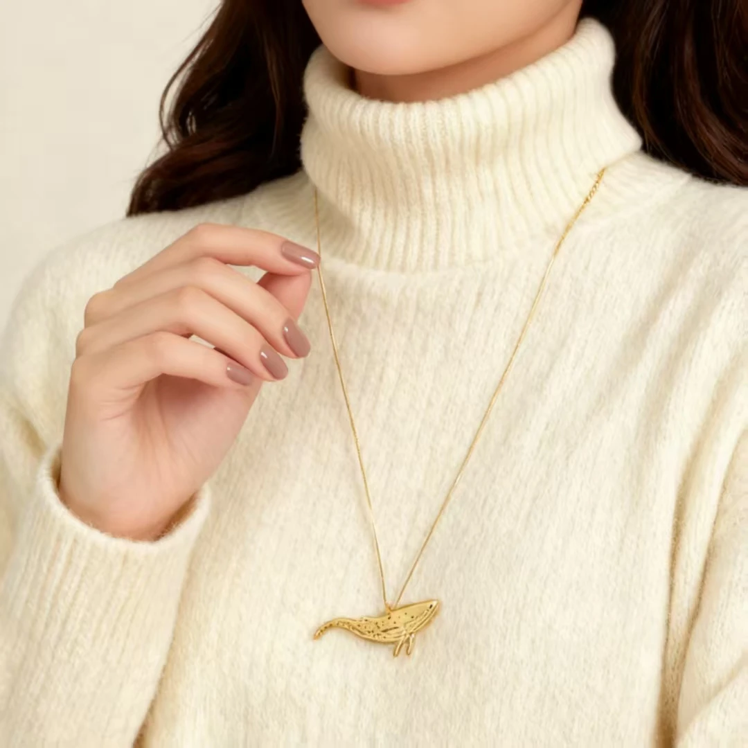 

Ocean Sprite Little Whale Necklace, 18K Gold Plated Copper, Artistic Long Versatile Sweater Chain Holiday Gift