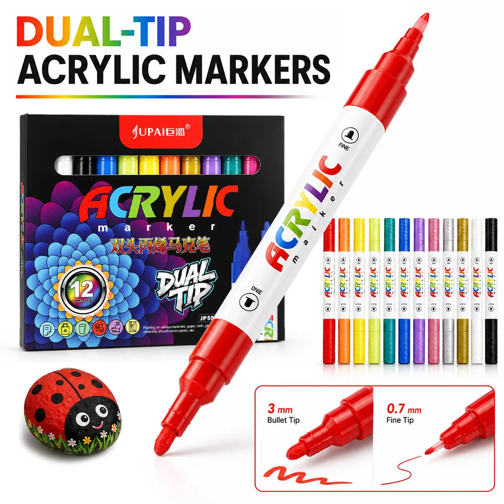 Dual Tip Acrylic Paint Markers 12 Vibrant Colors Drawing Pen Fabric Glass Metal Ceramics Smooth Wood Panel Art Decoration Works