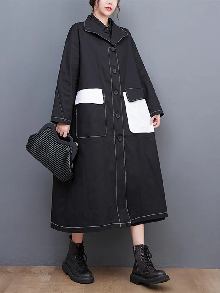 2024 Spring Autumn New Black Vintage Oversized Long Trench Coat For Women Clothes Pocket Fashion Casual Loose Outerwear Cardigan