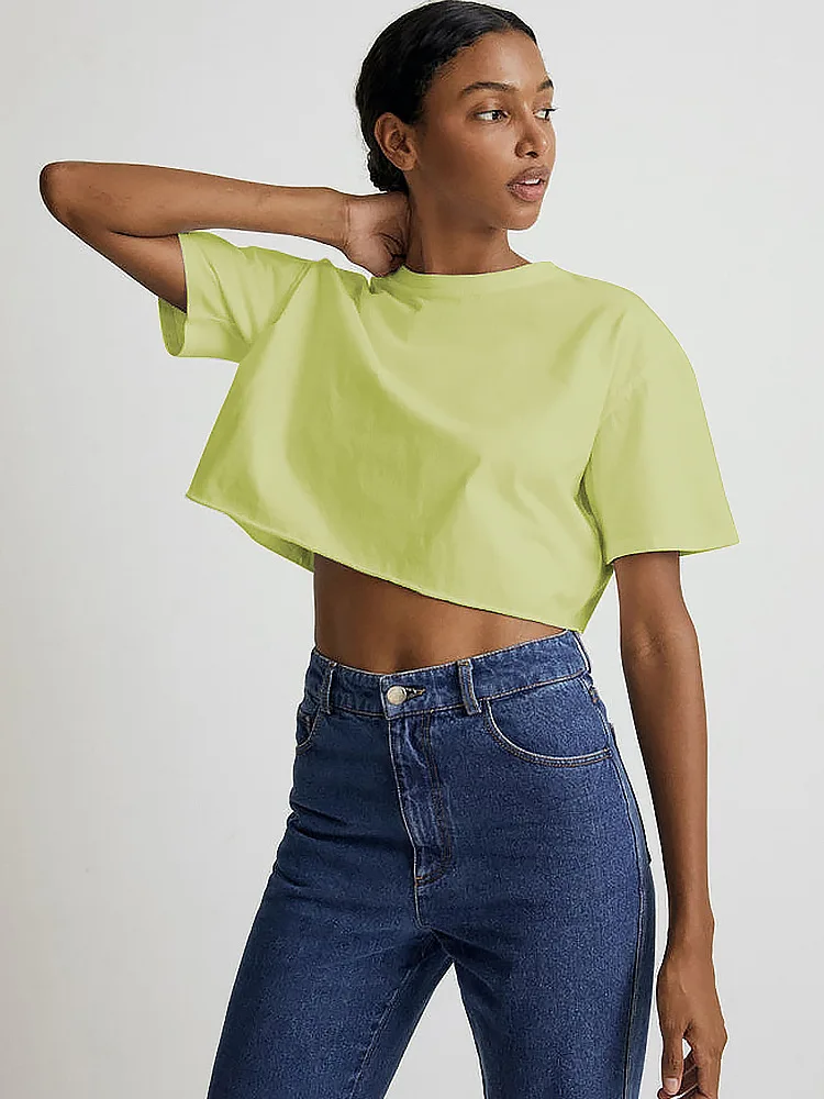 

European and American sexy hot girl short sleeved T-shirt 2024 summer solid color short cut crop neck sports top