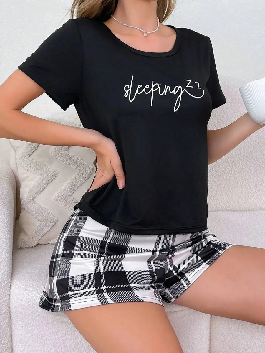 

Womens Letter Print Short Sleeve Sleep Top And Plaid Shorts Pajama Set
