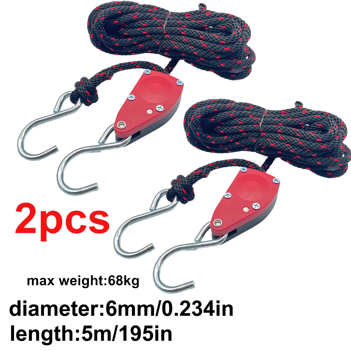 2pcs 6mm 5m Max Weight 68kg S Hook Rope Pulley Outdoor Camping Tent Tie Down Rope Tightener Fastening Buckle Ratchet Awning Rope