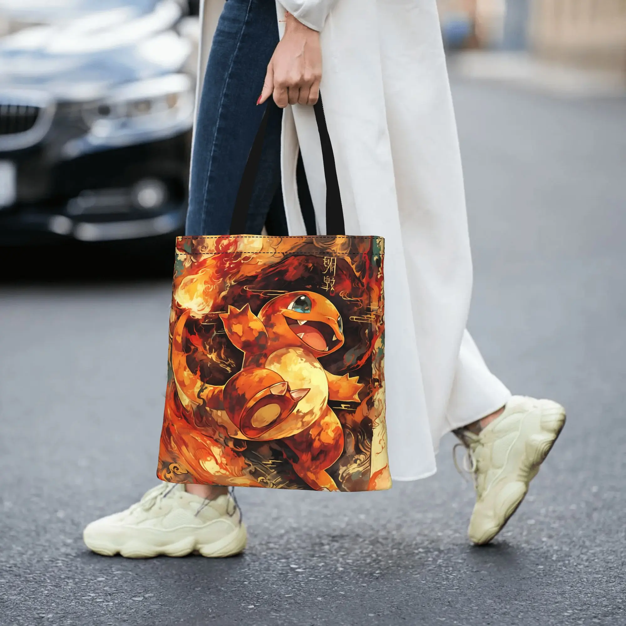 Customized Pokemon Theme Charmander Fire Women's Bag Shopping Bag Reusable Double Sided Canvas Tote Bag Shoulder  Handbag