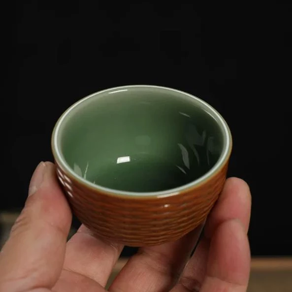Longquan Celadon Younger Brother Kiln Plum Green Tea Cup Ceramic Owner Cup Bamboo Art Cup Handmade Fine Product Master Wu Guohua